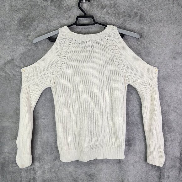 Womens Ivory Love Change Italy Knit Sweater Cold Shoulder Crew Neck Size L - Picture 6 of 9